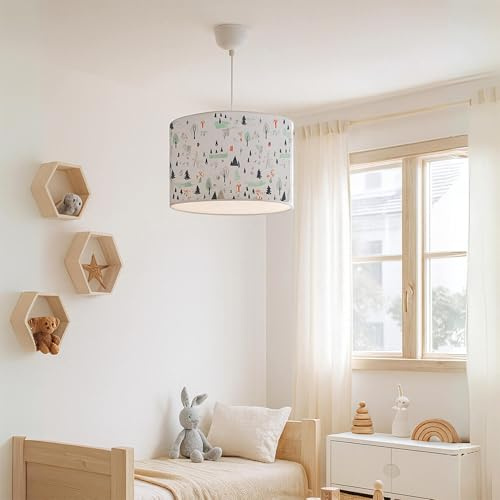 lux.pro Kinderzimmer Lampe Rugby Deckenleuchte E27 LED-geeignet Hängelampe mit Stoffschirm Bäume-Motiv 70 cm hoch höhenverstellbar Weiß