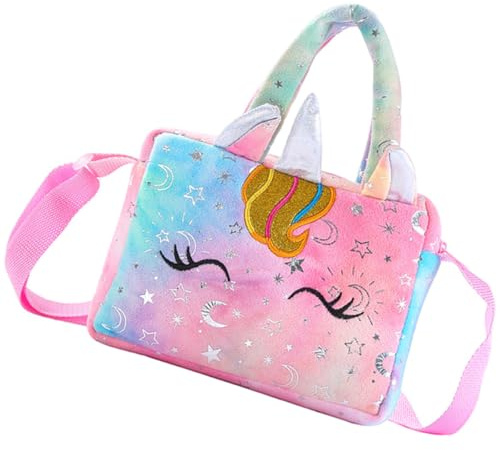Toddmomy Multifunktionale Mädchen Umhängetasche Einhorn Plüsch Handtasche mit Reißverschluss Kindertasche