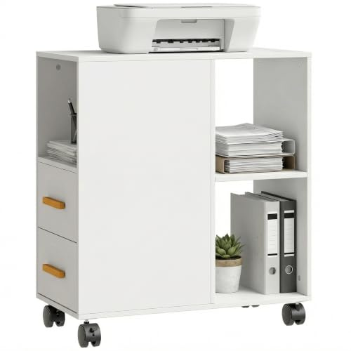 HOMCOM Druckerständer mit Verstellbar Ablage, Rollen 60 x 30 x 65 cm Weiß | Druckertisch, Schreibtisch Organizer, für Drucker, Druckerwagen, für Fax Scanner, Büro Office