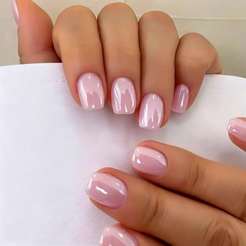 SXVME Chrome Press On Nails Short Square, 30 Pcs Glazed Baby Pink False Nails Short with Mirror Finish, Sparkly Bling Fake Nails Press on, Soft Gel Stick on Nail for Women Cute Manicure