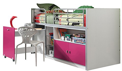 Vipack Hochbett Bonny m.ausziehbarem Schreibtisch weiß/pink Leiter Längsseite