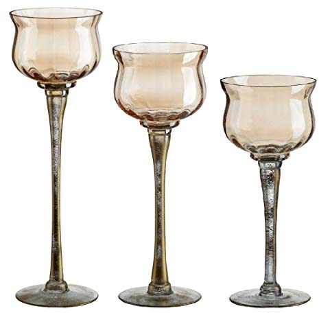 CRISTALICA Kerzenhalter Windlicht 3er-Set Leuchter auf Fuß Glas Golden Dust