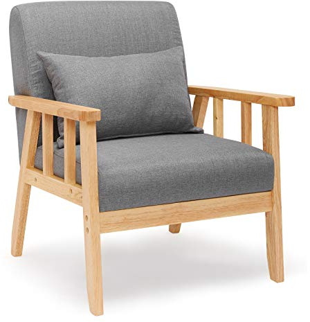 Mondeer Sessel Leinen Massivholzrahmen Retro mit Kissen für Schlafzimmer Wohnzimmer Balkon Büro Dunkelgrau, 64D x 64W x 73H cm