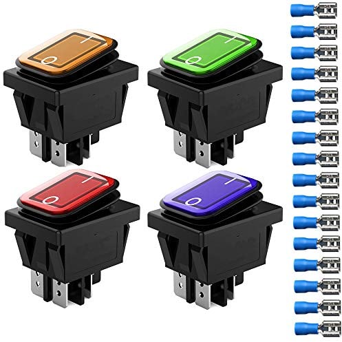 Gebildet 4Pcs 230VAC DPST 4Pines 2Posiciones Encendido/Apagado Rojo/Azul/Amarillo/Verde Luz LED Iluminada Impermeable Interruptor Basculante Interruptor de Palanca (16Piezas Conector de Cable)