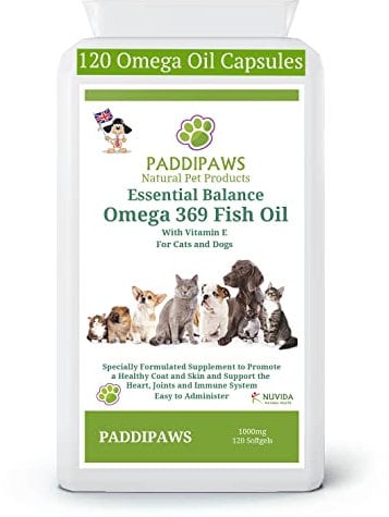 PADDIPAWS High Strength Omega Fish Oil for Dogs - 120 Softgel Capsules of Omega 3 for Dogs and Cats - Omega 3 6 9 with essential acids EPA and DHA. Dry Skin, Stiff Joints, Allergies, Hips.