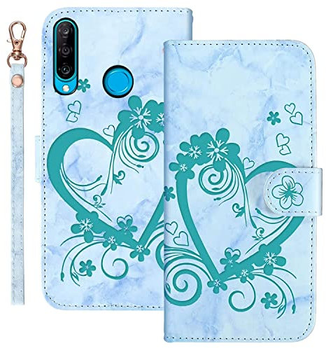 Ailisi Handyhülle für Huawei P30 Lite (6,15 Zoll), Blume Liebe Herz Muster Marmor PU Leder Klapphüllen Schutzhülle Brieftasche Handytasche Etui Magnetisch Flip Cover Case - Grün