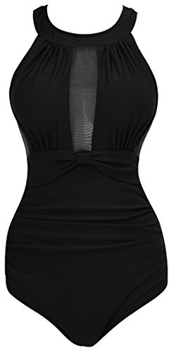 VILOREE Damen Schlankheits Badeanzug Raffung Einteiler High Neck Bademode Strandmode