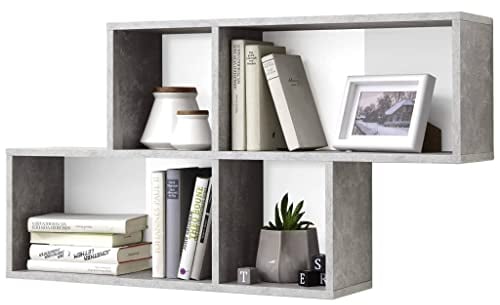 Lounge Regal Bücherregal,Art Bücherregal, modernes Büroregal, FMD Wandregal mit 4 F?Chern Betonoptik und Weiß,für Schlafzimmer, Bad, Küche, Wohnzimmer
