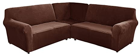 TIUTIU L-Form Sofahusse 5/7-Sitzer Eckcouch Cover, Elastischer Ecksofabezug Mit Anti-rutsch Schaumstoffankern, 3-teilige Dicker Plüsch Samt Schonbezug (Brown,5-Sitzer)