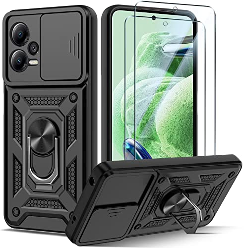Guisessy für Xiaomi Redmi Note 12 5G / Poco X5 5G Hülle (Nicht für 4G), Kameraschutz mit Slide Camera und 2 Schutzfolie, Drehbarer Fingerring Ständer Militärqualität Stoßfest - Schwarz