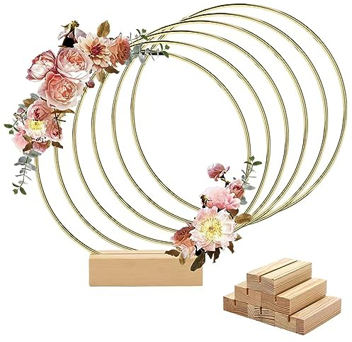 Worown 6 Stück 30cm Metallringe zum Basteln, Metallring mit Fuß, Gold Metallringe mit 6 Stück Holzständern für DIY Hochzeits-Tisch-Dekorationen, Wandhängende Handwerke