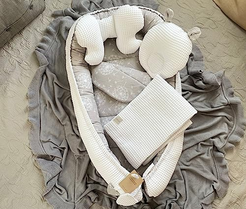PUSTELBLUME Grau/WEISS Waffelpique Bio-Baumwolle Babynest Neugeborene Baby Unterlage Reisebett Nestchen SOLO/o. in PREMIUM Ausstattung SETS (Nestchen + DECKE (80x100cm) + MATRATZE + 2 x Kissen)