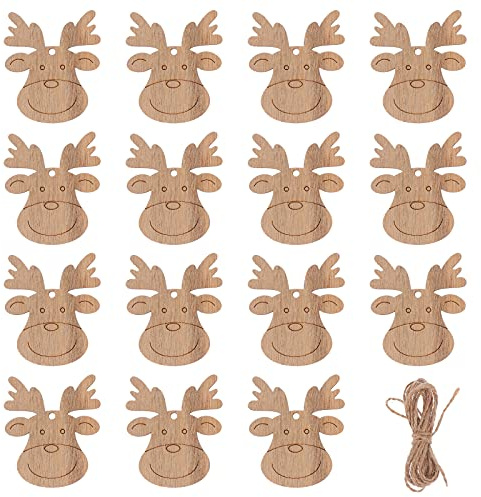 COHEALI Wood Deer Pendant 20pcs Wooden Christmas Deer Tags Blank Labels Reindeer Wooden Shapes Wooden Deer Head Christmas Ornaments Wood Graffiti Chips
