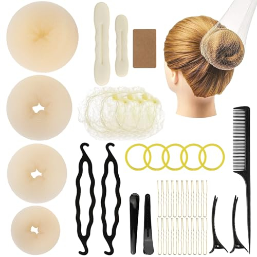 Jwogngls Frisurenhilfe Set, 39 Stück Frisuren Zubehör mit Duttkissen Donut Hair Bun Maker Set, Elastischen Haarband, U-Form Haarspange Haarnadel, Haarnetz Hair Accessories für Frauen