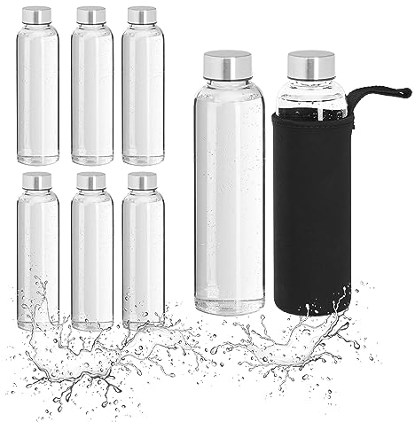 Relaxdays 8 Botellas Agua Reutilizables 500ml, Vidrio Borosilicato, con Funda, Tapa Acero Hermética, Transparente/Negro, Inoxidable, 23,5 x 6,5 x 6,5 cm