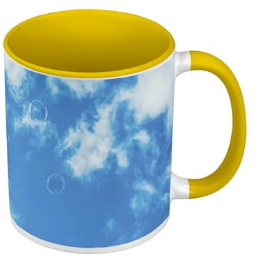 Mug de Couleur Qualité Premium Jaune - Ciel Bleu avec Bulles de Savon Volantes - Tasse avec anse et intérieur de couleur
