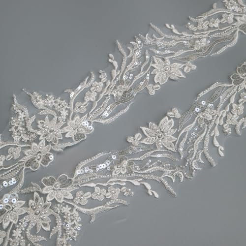G-RUI Spitzenapplikationen für Hochzeitskleider, Blumenpailletten, Perlen, Stickerei, Weiß, 2 m