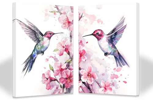 ZXHYWYM 2 teilige Kolibri Wanddekoration rosa Blumen Vögel Wandbilder Aquarell Tier Leinwanddruck Schlafzimmer Wohnzimmer Büro Heimdekoration mit Rahmen (A (28x35cmx2))