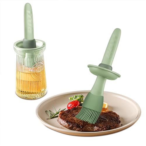 BULANGDE Ölflasche Glas mit Grill Backpinsel Silikonpinsel Backen 200ml,Wärmebeständigkeit Leicht Reinigende für Küchen Kochen BBQ Lebensmittel Oil Bottle Pastry Brush Ölspender (Grün)