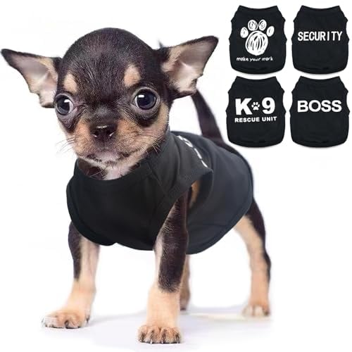 4 Pieces Chihuahua Clothes Dog Clothes for Small Dogs Boy Summer Teacup Yorkie Spring Letter Security Pet Shirts Soft Puppy Cloth Tiny Doggie Outfit Pet Cat Clothing XXS Black