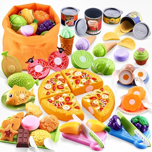 DawnReach Frutas y Verduras Juguete,66 Piezas Cocina Juguete con Comida Juguete Pizza,Helados,Accesorios Cocinita Infantil,Comida Juguete Cocinita,Juguetes Montessori Educativos Niños 3 4Años
