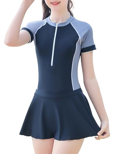 Happy Cherry - Teen Girl Tankini Swim Sets Swim Dress with Shorts Kids Short Sleeve Zipper Swimsuit Stretchy Swimwear UPF 50+ Sun Protection Bathing Suit Solid for Beach Surfing 170