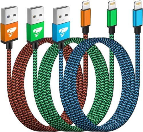 Cable iPhone Chargeur iPhone [1m/Lot de 3] Cable Lightning USB MFi Certifié Nylon Tressé Cordon Charge Rapide Fil Ultra Solide pour iPhone 14 Pro Max 13 12 11 XR XS X 8 7 Plus Se iPad
