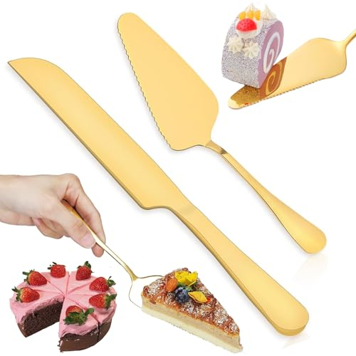 Zeaying 2 Stück Gold Hochzeits Tortenmesser und Server Set, Vergoldetes Edelstahl Tortenheber, Gezackte Kuchenschaufel für Küche, Tägliche Partys, Hochzeiten
