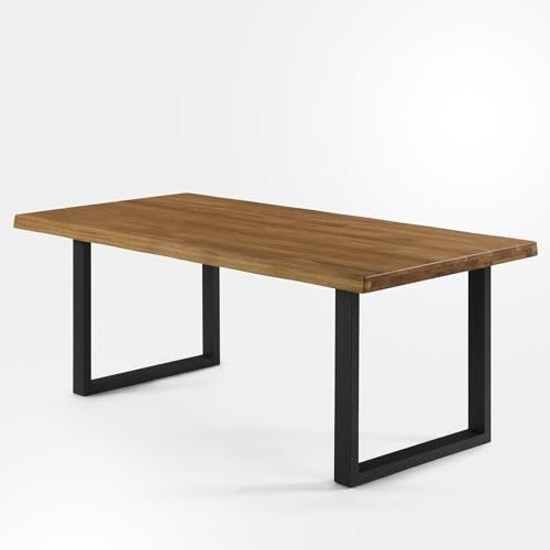IKULLS - Mesa Comedor Madera Roble Macizo | 180x90 cm | Mesa Oficina y Mesa Despacho | Mesa Cocina Industrial | Rectangular, Color Ambar, Patas Acero Forma de U Negro Mate, Canto Ondulado