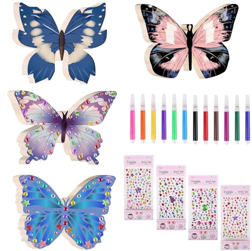 Dncvb 40 Stück Schmetterlinge Holz zum Bemalen, 24 Schmetterling Holz mit 12 Aquarellstift & 4 Edelsteinaufkleber, Bastelsets für Kinder, Bastelset Kindergeburtstag für Junge Mädchen