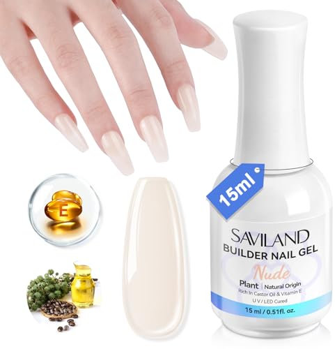 SAVLAND 8-in-1 Organic Builder Nail Gel: 15 ml Nude Castor Oil Vitamin E Gel Nail Builder for Harder Nail Extensions Apex Nail Strengthener Builder Gels No-Damaged with Liner Brush Home Manicure