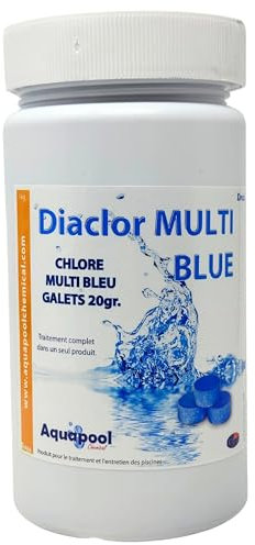 Chlore Multi Blue Pastilles de 20g Multifonctions - Traitement Tout-en-Un pour Piscine - Désinfectant, Algicide, Stabilisant, Clarifiant - Maintient l'eau Transparente et cristalline (1KG)