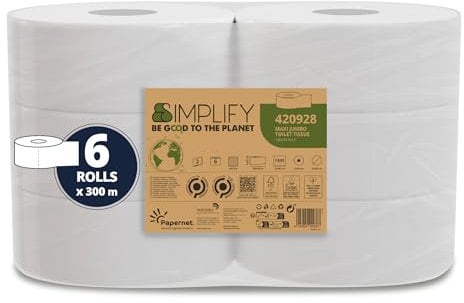 Papernet Simplify - Papier hygiénique maxi jumbo Carbon Neutral 420928, 6 rouleaux de papier en pure cellulose de 300m chacun, 2 plis, 7 830 services de 8,6x23 cm