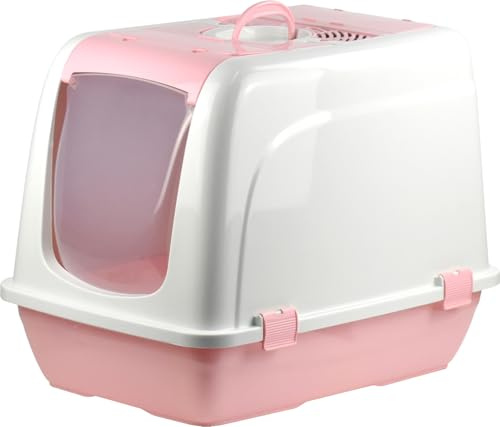 Large Ventilated Cat Litter Box Closed Toilet With Clear Door Flap (Pink)