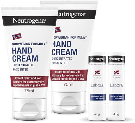 Neutrogena Formula Norvegese Skincare Kit, Set crema mani e labbra con Crema Mani Concentrata Non Profumata 2 x 75 ml e Balsamo Labbra Stick 2 x 4.8 g per pelle secca e screpolata – Esclusiva Amazon