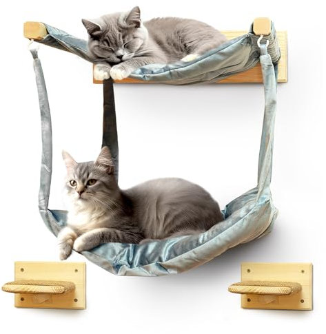 myHANA Kletterwand für Katzen aus Massivholz – inkl. 2X Katzentreppe & Hängematte | Katzenmöbel Set Wand | Katzenbett & Kratzbaum Wandmontage| Jetzt entdecken!