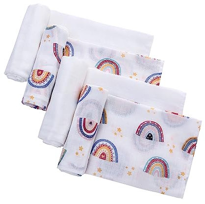 LAT Musselintücher für Babys, 70x70cm 4er Pack Mullwindeln Spucktücher Mulltücher 100% Baumwoll Weich und Atmungsaktiv für Neugeborene Mädchen und Jungen (Regenbogen+Weiß)