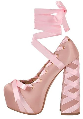 Meinabsatz Mary Jane Chaussures à talons hauts pour femme Lolita avec nœud et talon bloc, rose clair, 44 EU