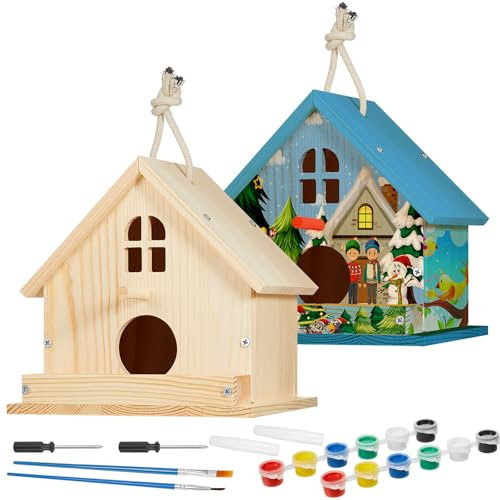 Juexica 2 Pack DIY Birdhouse Kits for Kids Ages 6+ Build and Paint Wooden Bird House Arts and Craft Project with Paint Strips Brushes for Boy Girl Adult Classroom Indoor Outdoor Crafts (Window)