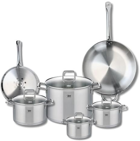 ELO 9507550 Batterie de cuisine 6 pièces, Ensemble de 2 Poêles de cuisson 24 et 32 cm et 4 faitouts 14, 16, 20 et 26 cm Elo Profi Citrin, inox, induction, Gris Plomb
