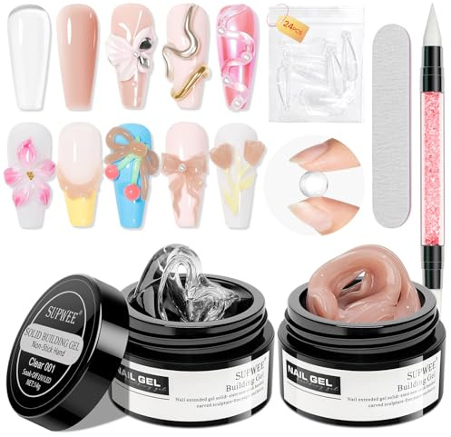 SUPWEE Solid Builder Gel, 3D Sculpture Gel Nail Art Clear Nude 14g 2PCS | Non-Stick Hand Nail Extension Gels for Carving Salon Home DIY