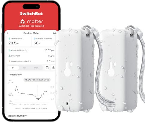 SwitchBot IP65, igrometro per interni ed esterni, termometro Bluetooth con punto di rugiada/VPD/sensore di umidità assoluto, termometro esterno, memorizzazione dati per serra, cantina, confezione da 2