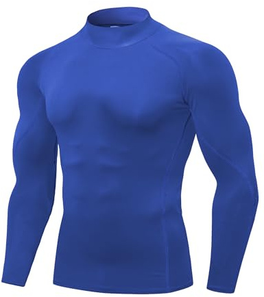 Yuerlian Blue Long Sleeve Compression Shirt for Men Lightweight Sports Underlayer Quick Dry Top Athletic Running Gym Workout Mock Turtleneck Tee Shirts
