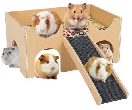 Meerschweinchen Haus, Holz Meerschweinchenbett mit 4 Höhlen&Rampe, Groß Hamster Schloss Versteck mit Antirutschmatte, Treppe und Matten, für Chinchilla Zwergkaninchen Eichhörnchen Igel (Einzelschicht)