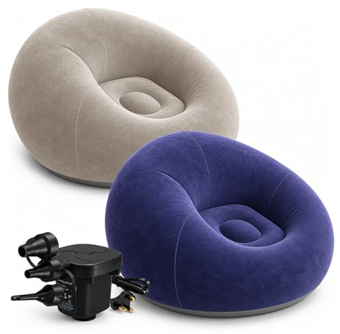 MSYU 2 Pcs Inflatable Bean Bag Chairs with Electric Air Pump, Portable Blow Up Sofa for Adults, Comfortable Lazy Couch for Camping, Gaming, Reading & Living Room (Purple, Khaki)