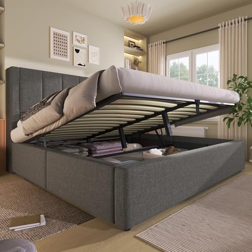 Lit double rembourré, 140 x 190 cm, avec coffre de lit, grand espace de rangement sous le lit, tête de lit rembourrée avec porte-gobelet caché, sommier à lattes, en lin, gris, 140 x 190 cm
