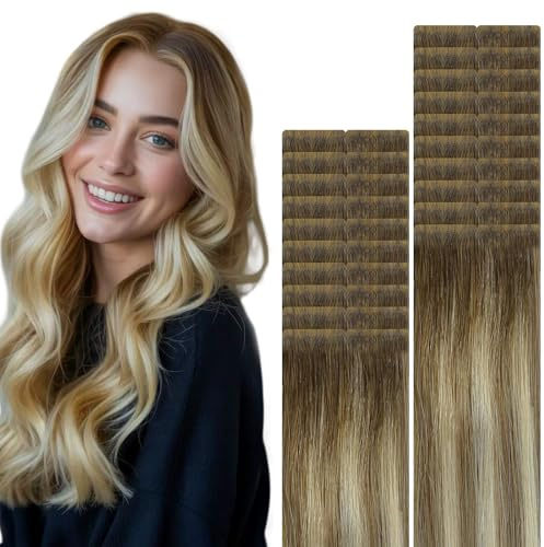 VINBAO Invisi Edge Tape in Haar Extensions Balayage Ombre Walnussbraun bis Aschbraun und Blond 45g 20 Stück Injection Tape in Echthaar Extensions Unsichtbar 16 Zoll #3/8/22