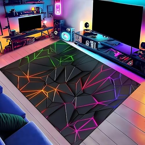 Bycmuoz 3D Neon Style Area Rug for Bedroom, 70x140cm, Punk Geometric Gaming Carpet for Playroom, Durable Low Pile Machine Washable Carpets, Absorbent Easy Clean Foldable Non Skid Rug for Indoor