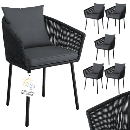 STEELSØN Nair Gartenstühle 6er Set – Terrassenstühle aus Rattan schwarz – Outdoor Schalenstuhl für Terrasse/Garten/Balkon – Loungesessel wetterfest Metallgestell – Balkonstuhl mit Kissen bis 160 kg