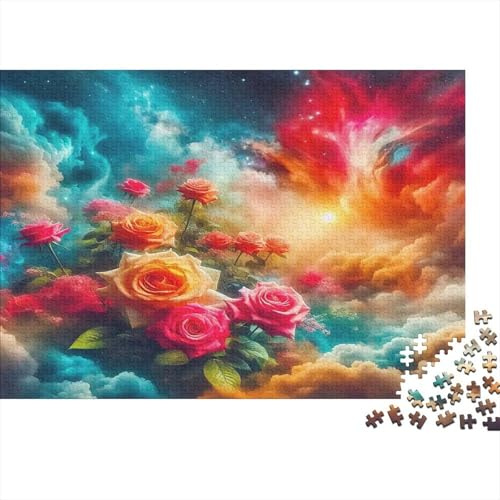Rosen Puzzle 1000 Teile, Rote Rosen in Feuer & Blauen Wolken, Tolles Geschenk, 38x26cm